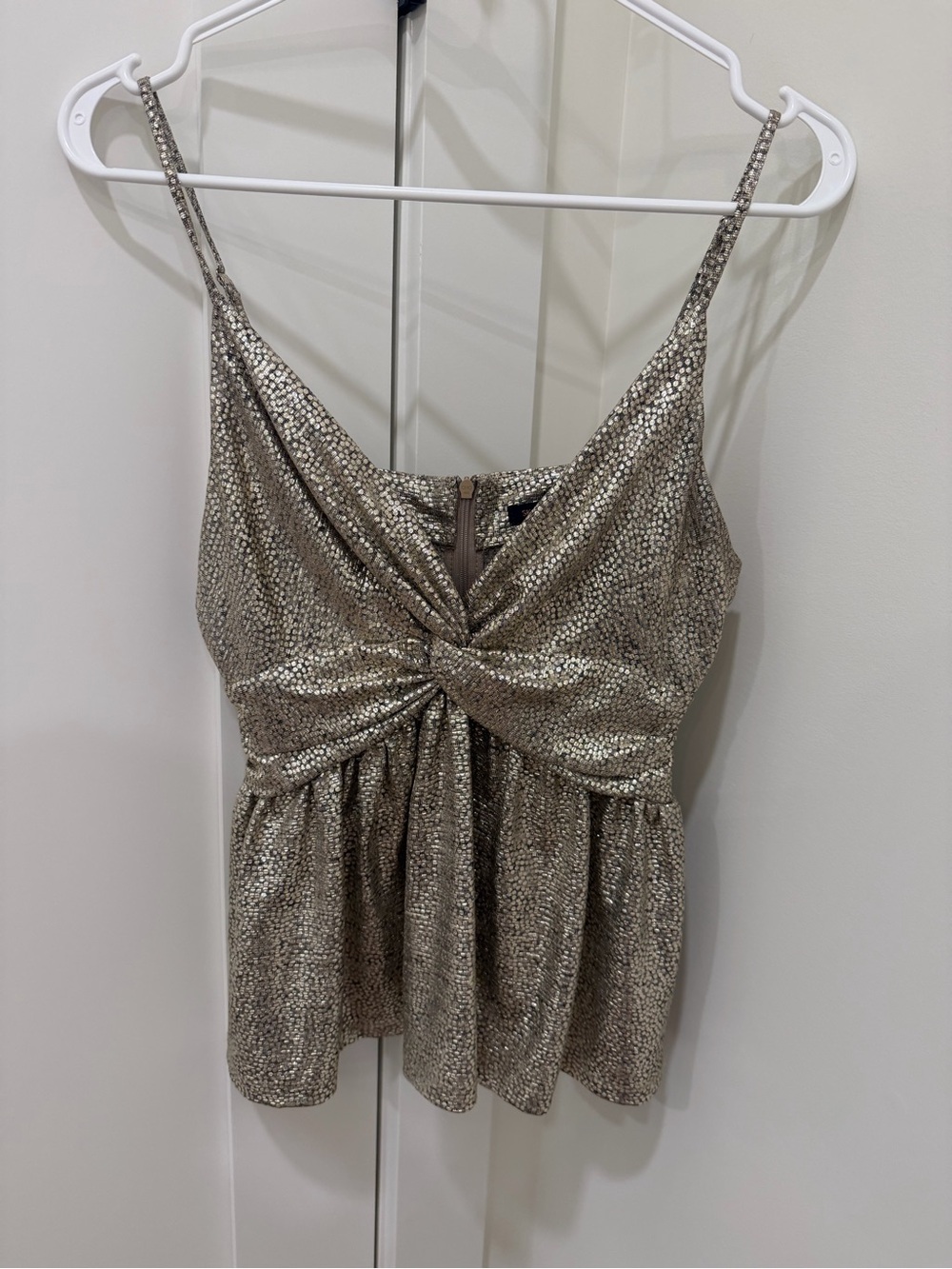 Skies Are Blue Shimmery Knot-Front Spaghetti Strap Top - Silver